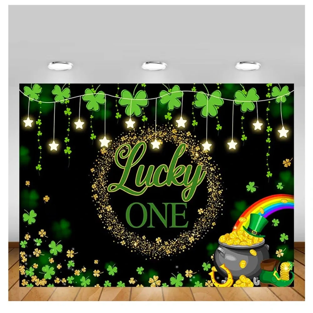 Lucky One 1st Birthday Backdrop, 7 x 5, St. Patrick's Day Green Clover Rainbow